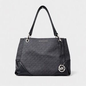 Michael Kors Black Monogram Logo Shoulder Bag Tote Silver Hardware MK Charm